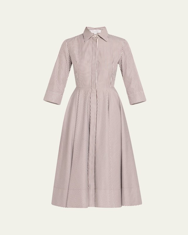 3/4-Sleeve Striped Midi Shirtdress With Belt